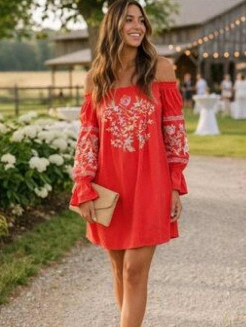 Free People Red Off-Shoulder Embroidered Mini Dress